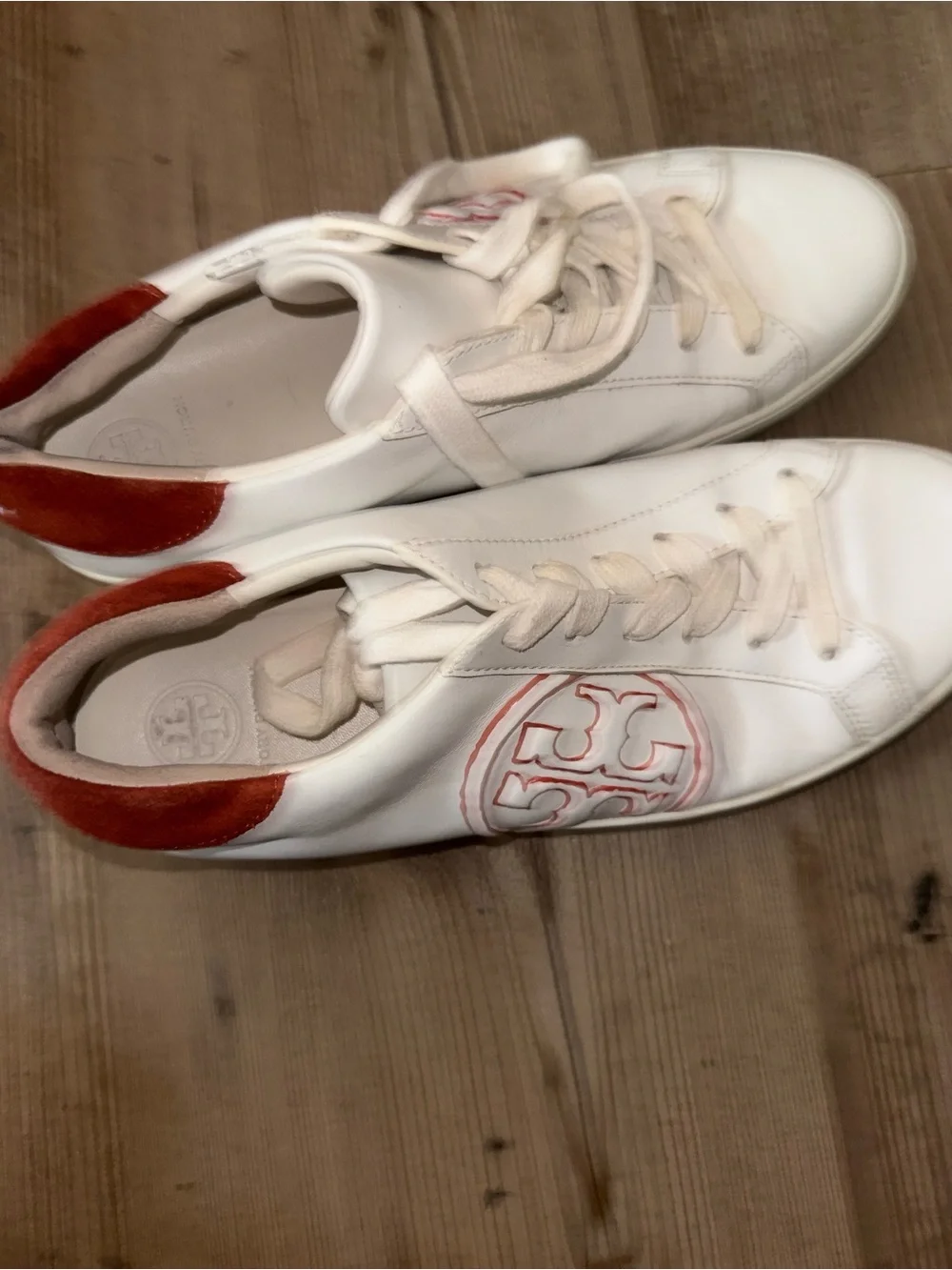 Tory Burch White Leather Sneakers with Reddish/ Orange Accent